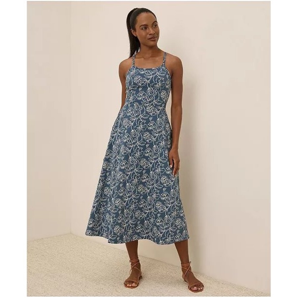 Pact Organic Cotton Floral Fit and Flare Midi Dress Blue WE1-WFM Small
